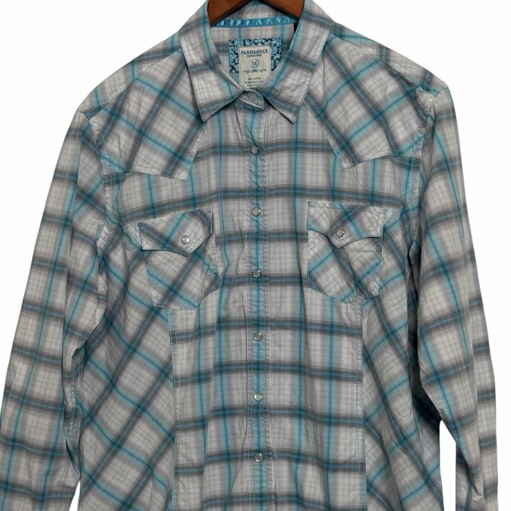 Panhandle Rough Stock Womens 1X Plaid Western Pearl Snap Shirt Long Sleeve